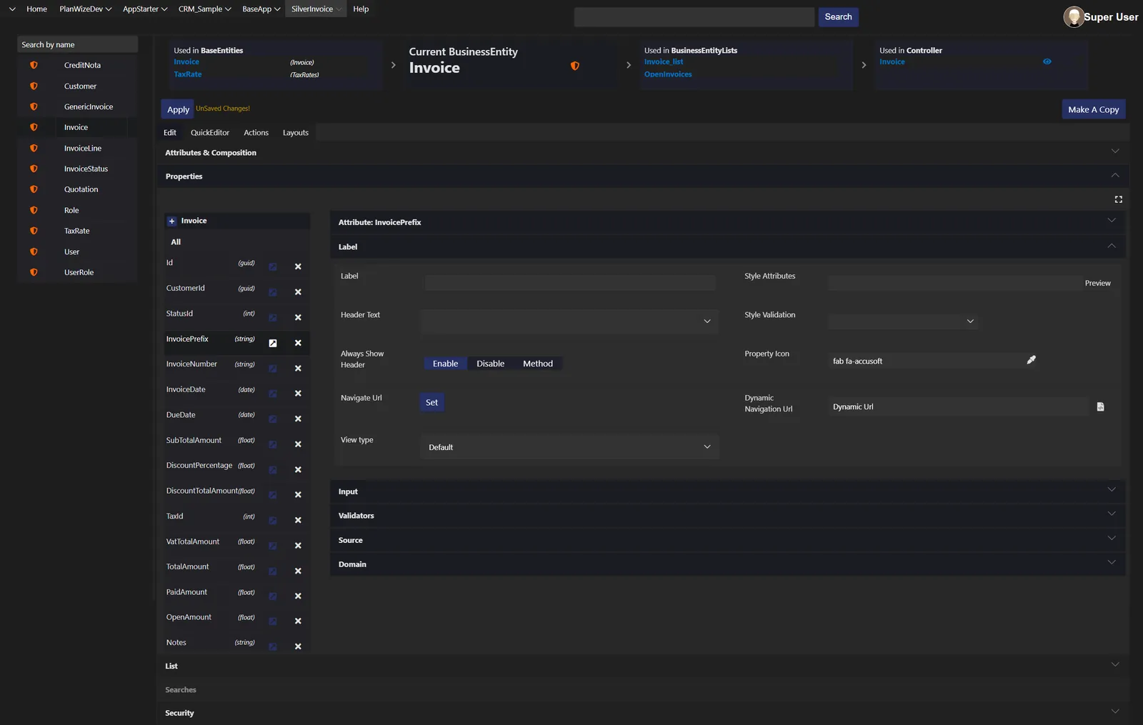 Silver Essence Business Entity-editor voor het configureren van factuurvelden en bedrijfslogica