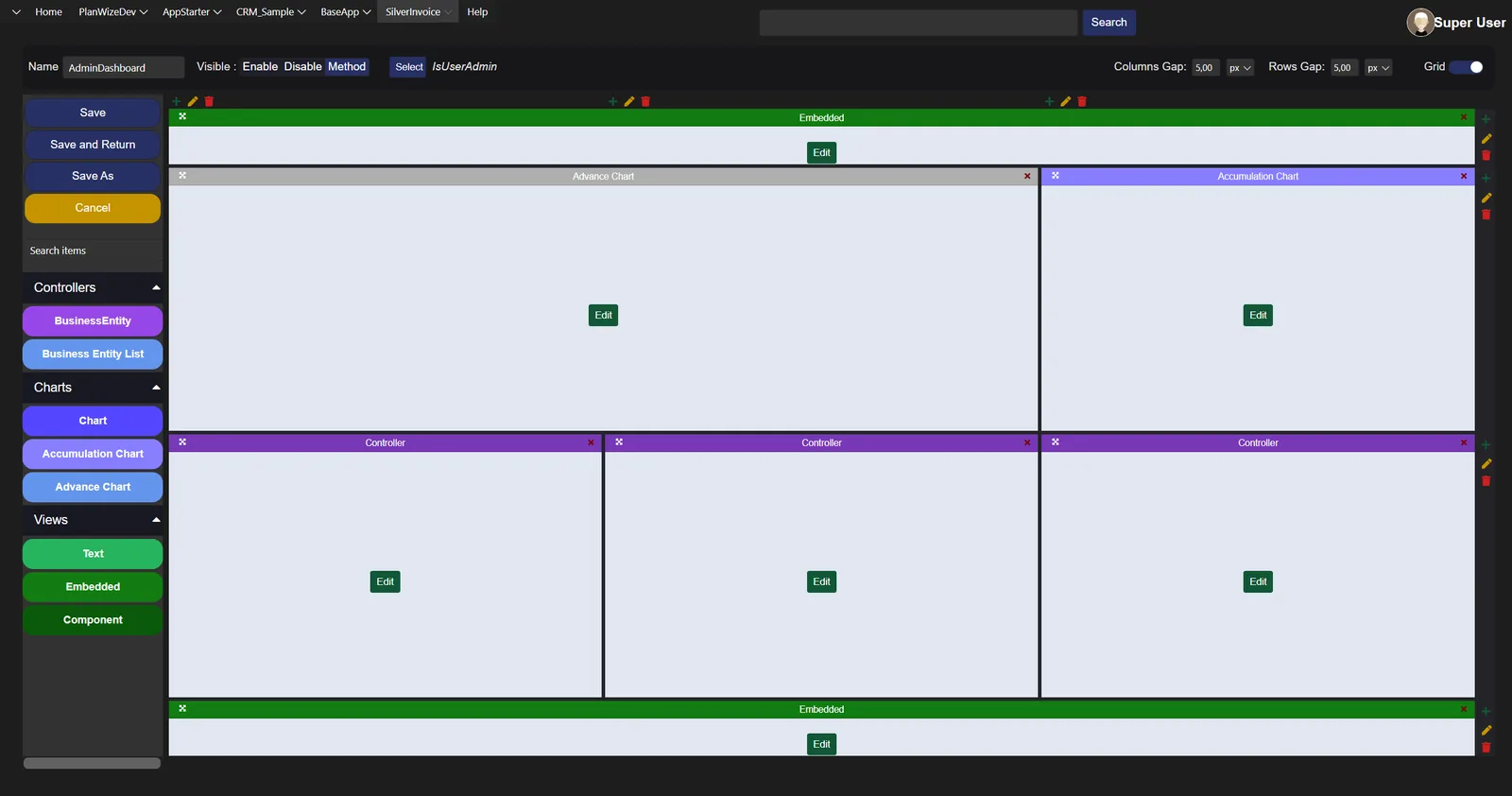 Silver Essence dashboard designer met configureerbare vakken voor grafieken, data en content